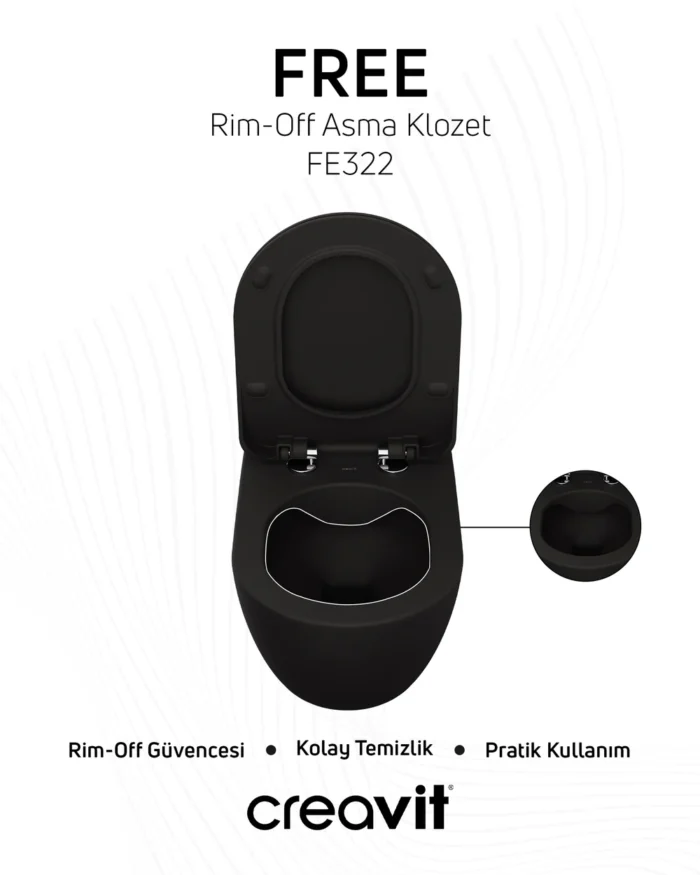 Creavit Free Rim-Off Asma Klozet Kömür Karası FE322-00KK00E-0000 - FE322-00KK00E-0000 - Asma Klozet - 2