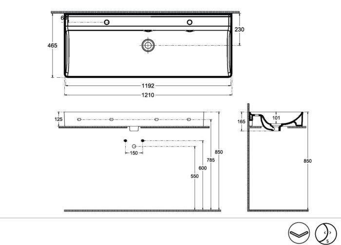 Isvea Vea Tezgah Üstü Lavabo, Çift Batarya Delikli, 121 cm - 10VAS5121I - Tezgah Üstü Lavabo, Çift Hazneli Lavabo - 1