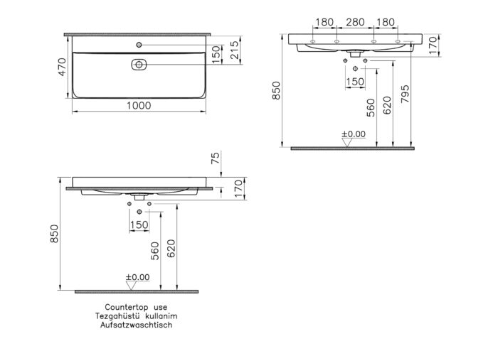 Vitra Metropole Çanak Lavabo 100x47 cm Tek Armatür Delikli, Su Taşma Delikli, Mat Taş Gri - 7529B076-0973 - Çanak Lavabo - 1