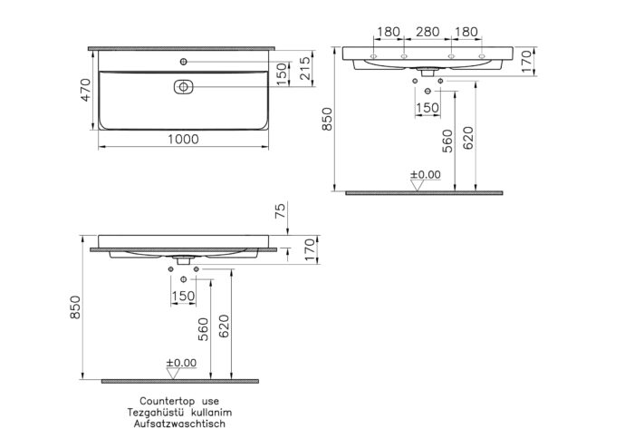 Vitra Metropole Çanak Lavabo 100x47 cm Tek Armatür Delikli, Su Taşma Deliksiz, Mat Beyaz - 7529B001-0937 - Çanak Lavabo - 2