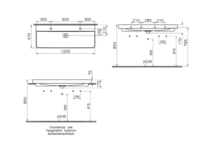 Vitra Metropole Çanak Lavabo 120x47 cm Çift Armatür Delikli, Su Taşma Delikli, Mat Beyaz - 7530B001-0973 - Çanak Lavabo - 1