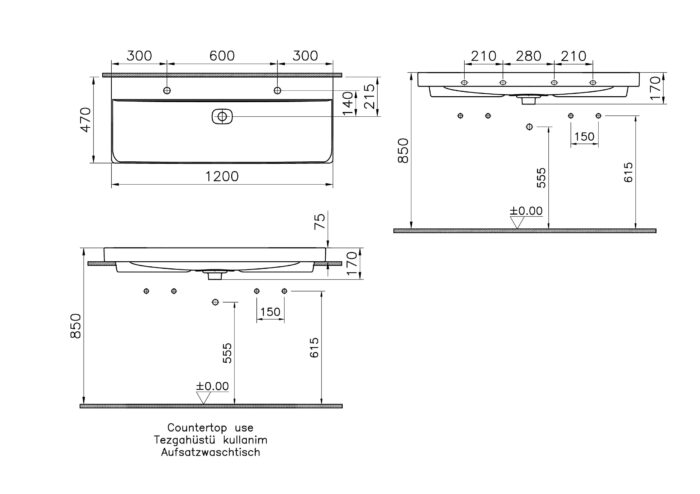 Vitra Metropole Çanak Lavabo 120x47 cm Çift Armatür Delikli, Su Taşma Deliksiz, Mat Siyah - 7530B083-0937 - Çanak Lavabo - 1