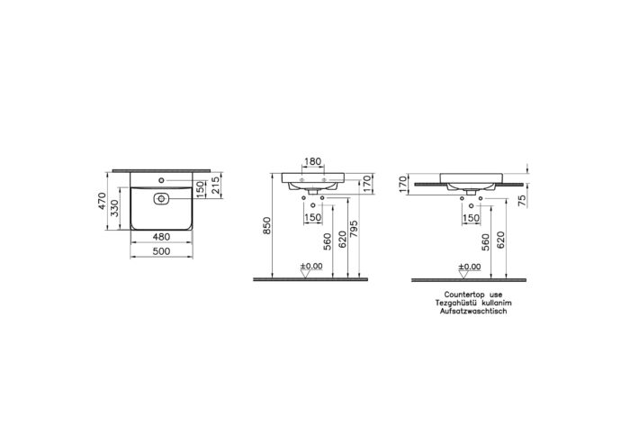 Vitra Metropole Çanak Lavabo 50x47 cm Tek Armatür Delikli, Su Taşma Deliksiz, Mat Beyaz - 7525B001-0937 - Çanak Lavabo - 2