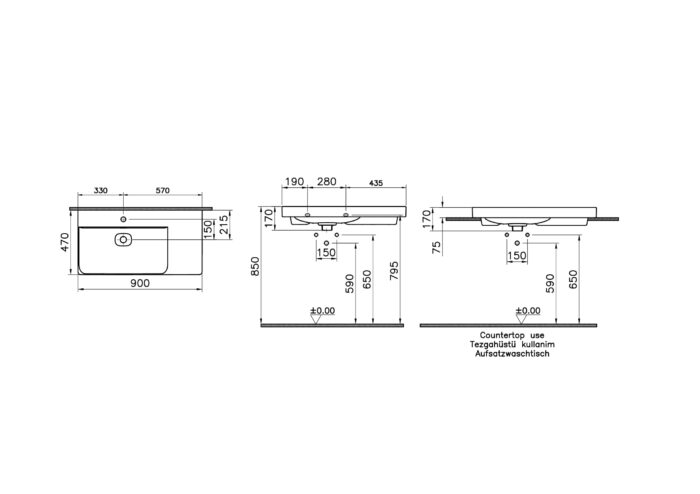 Vitra Metropole Çanak Lavabo 90x47 cm Tek Armatür Delikli, Su Taşma Delikli, Mat Taş Gri - 7528B076-0973 - Çanak Lavabo - 1