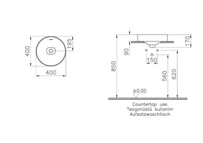 Vitra Metropole Çanak Lavabo Yuvarlak, 40x40 cm Armatür Deliksiz, Su Taşma Delikli, Mat Taş Gri - 7532B076-0673 - Çanak Lavabo - 1