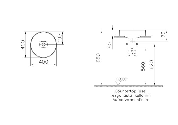 Vitra Metropole Çanak Lavabo Yuvarlak, 40x40 cm Armatür Deliksiz, Su Taşma Deliksiz, Mat Taş Gri - 7532B076-1398 - Çanak Lavabo - 1