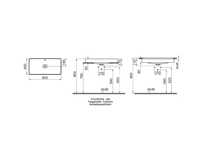 Vitra Metropole Tezgahaltı Lavabo Dikdörtgen, 80x40 cm Armatür Deliksiz, Su Taşma Delikli, Mat Siyah - 7536B083-1082 - Tezgah Altı Hilton Lavabo - 1