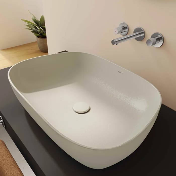 Vitra Outline Recycled Çanak Lavabo Tv Şekilli, 63x42 cm Armatür Deliksiz, Su Taşma Deliksiz, Mat Bej - 7993B066-0016 - Çanak Lavabo - 11
