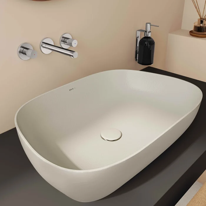 Vitra Outline Recycled Çanak Lavabo Tv Şekilli, 63x42 cm Armatür Deliksiz, Su Taşma Deliksiz, Mat Bej - 7993B066-0016 - Çanak Lavabo - 3