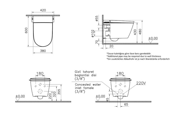 Vitra V-Care 3 Core Akıllı Asma Klozet Vortex, 60 cm, Temassız, Beyaz - 7777B403-6388 - Akıllı Klozet, Asma Klozet - 1