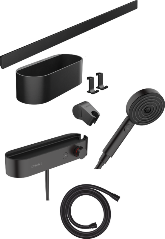 Hansgrohe WallStoris Bundle el duşu 105 3jet EcoSmart Aktivasyon, termostat, 70 cm duş barı ve saklama seti Satin Siyah - 24250670 - El Duşu