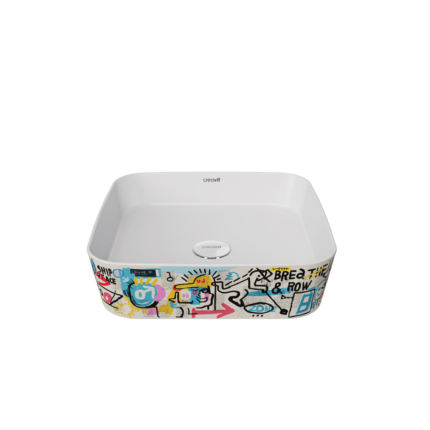 Creavit Loop Gen-Z Kare 40 cm Masa Üstü İnce Lavabo Grafiti Baskı Extra Beyaz - LP040-00CB00E-GB00 - Çanak Lavabo