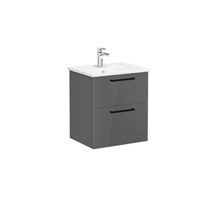 VitrA Root Flat Lavabo Dolabı, 60 cm, İki Çekmeceli, Köşeli Lavabo, Parlak Antrasit - 66292 - Banyo Alt Modülleri - 1