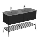 VitrA Equal Lavabo Dolabı, 130 cm, İki Çekmeceli, Çift Hazneli Gri Lavabolu, Metal Ayaklı, Hareli Siyah Meşe - Görsel 2
