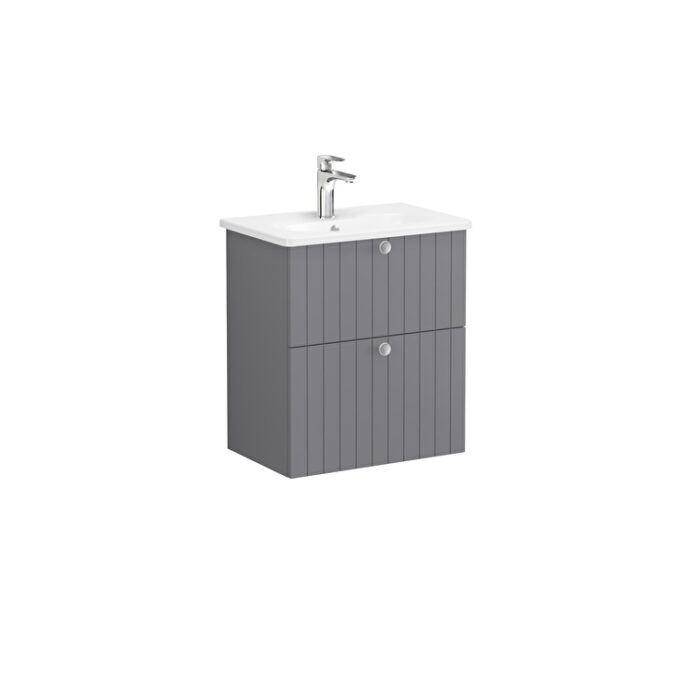 VitrA Root Groove Lavabo Dolabı, 60 cm, İki Çekmeceli, Dar, Yuvarlak Lavabo, Mat Gri - Görsel 3