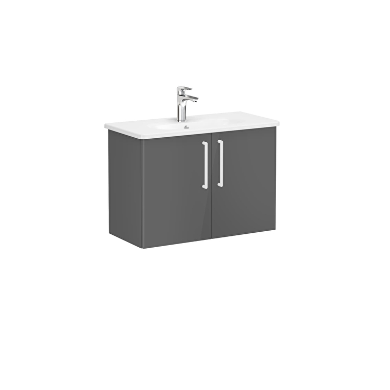 VitrA Root Flat Lavabo Dolabı, 80 cm, İki Kapaklı, Dar, Yuvarlak Lavabo, Parlak Antrasit - 66401 - Banyo Alt Modülleri
