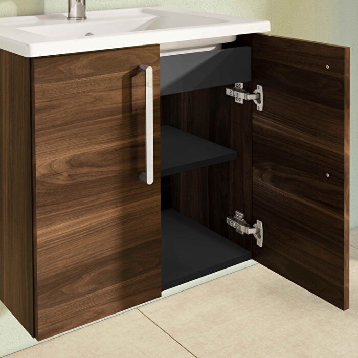 VitrA Root Flat Lavabo Dolabı, 60 cm, İki Kapaklı, Köşeli Lavabo, Ceviz - Görsel 4