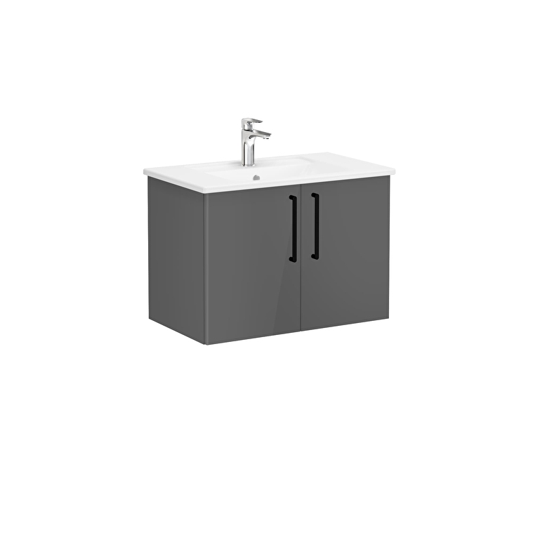 VitrA Root Flat Lavabo Dolabı, 80 cm, İki Kapaklı, Köşeli Lavabo, Parlak Antrasit - 66388 - Banyo Alt Modülleri