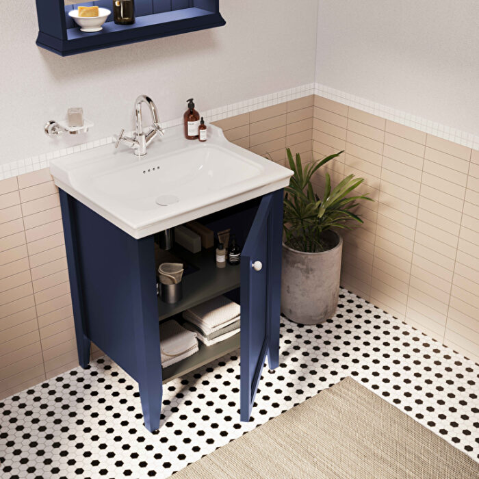 VitrA Valarte Neo Lavabo Dolabı, 65 cm, Bir Kapaklı, Etajerli Lavabolu, Üç Armatür Delikli, Çelik Mavisi, Sol - Görsel 3