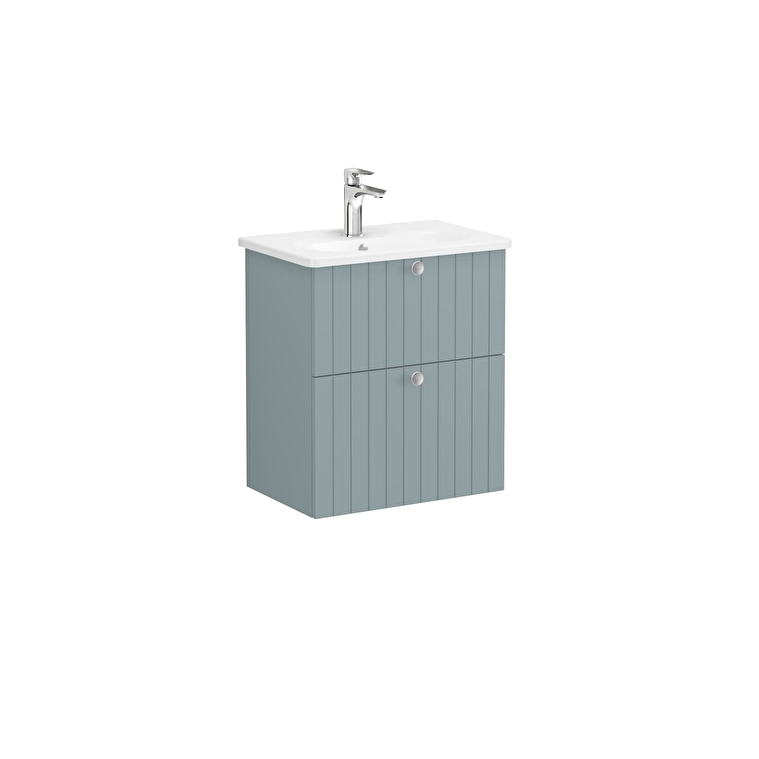 VitrA Root Groove Lavabo Dolabı, 60 cm, İki Çekmeceli, Dar, Yuvarlak Lavabo, Mat Fiyord Yeşili - 69243 - Banyo Alt Modülleri