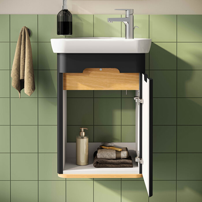 VitrA Sento Lavabo Dolabı, 50 cm, Bir Kapaklı, Dar, Aydınlatmalı, Mat Antrasit, Sağ - Görsel 3