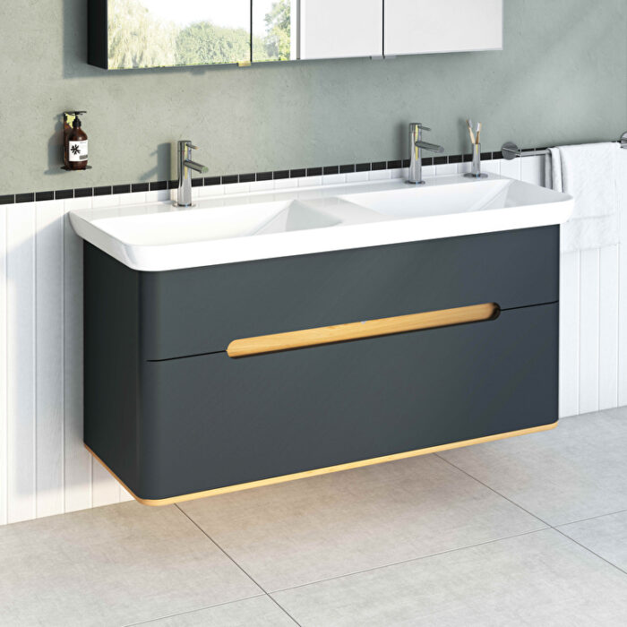 VitrA Sento Lavabo Dolabı, 130 cm, İki Çekmeceli, Çift Hazneli Lavabolu, Aydınlatmalı, Mat Antrasit - Görsel 5
