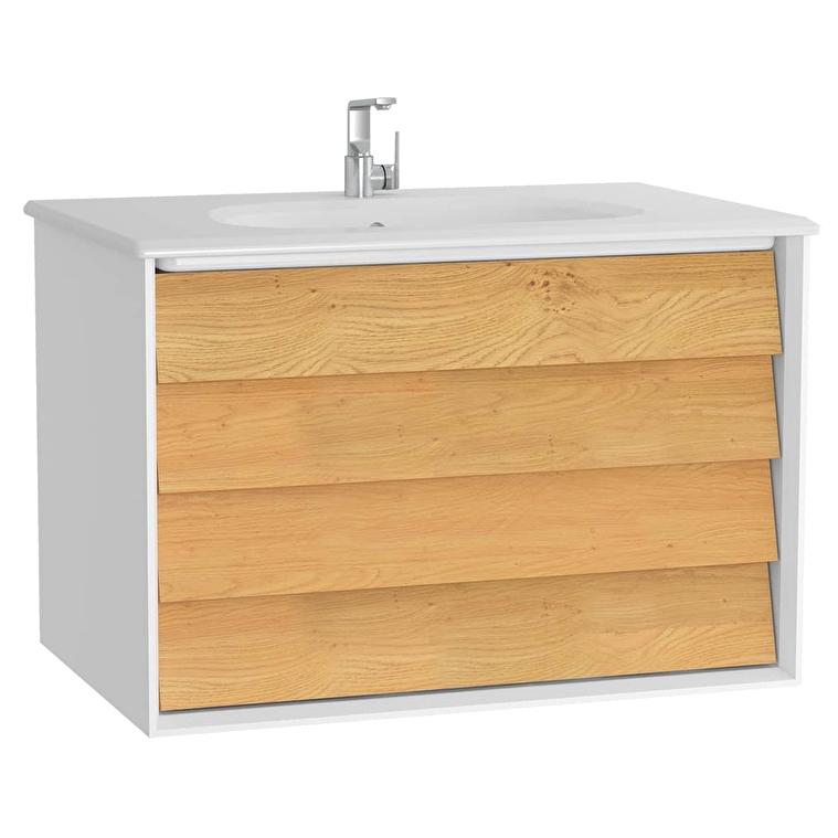 Vitra Banyo Dolabı Fiyatları ve Modelleri | Banyocu.com.tr VitrA Frame Lavabo Dolabı, 80 cm, İki Çekmeceli, Beyaz Etajerli Lavabolu, Mat Soft Beyaz & Dore Meşe - 61228 - Banyo Alt Modülleri