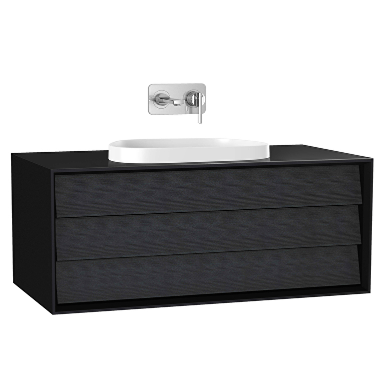 Vitra Banyo Dolabı Fiyatları ve Modelleri | Banyocu.com.tr VitrA Frame Lavabo Dolabı, 100 cm, Bir Çekmeceli, Tezgahüstü Tv-Shape Lavabolu, Armatür Deliksiz, Mat Soft Siyah & Hareli Siyah Meşe - 61458 - Banyo Alt Modülleri