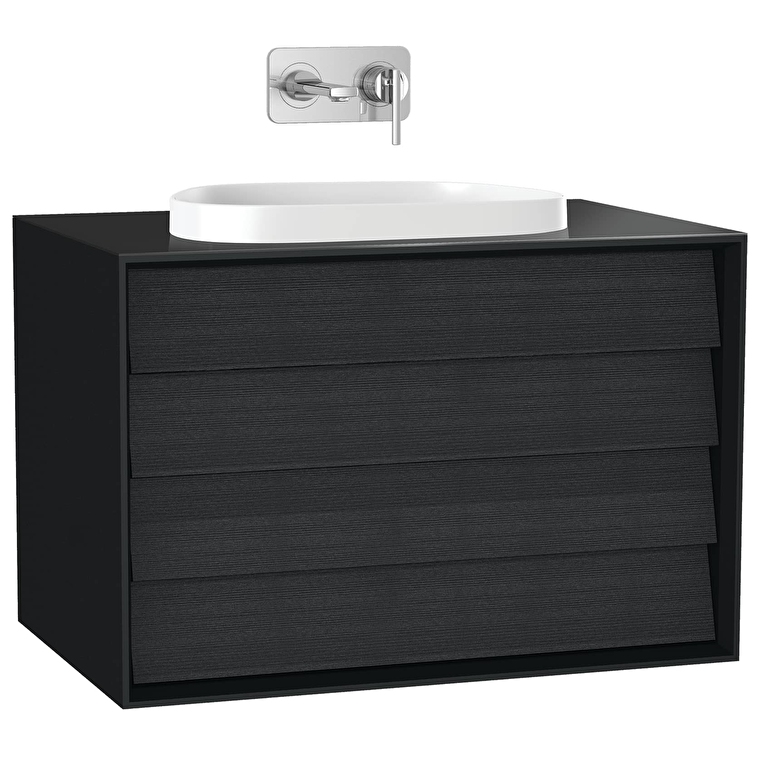 Vitra Banyo Dolabı Fiyatları ve Modelleri | Banyocu.com.tr VitrA Frame Lavabo Dolabı, 80 cm, İki Çekmeceli, Tezgahüstü Tv-Shape Lavabolu, Armatür Deliksiz, Mat Soft Siyah & Hareli Siyah Meşe - 61464 - Banyo Alt Modülleri