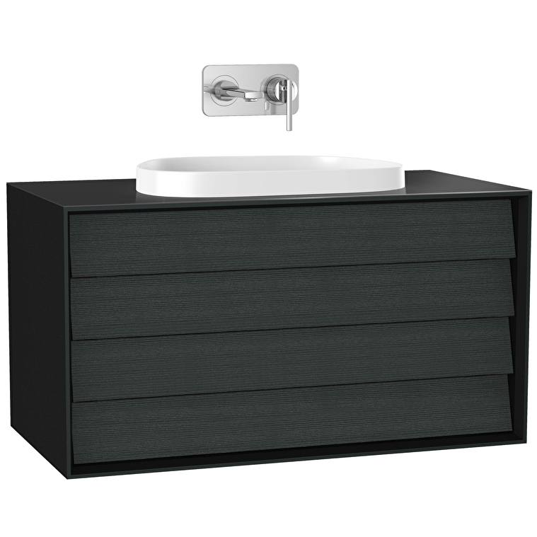 Vitra Banyo Dolabı Fiyatları ve Modelleri | Banyocu.com.tr VitrA Frame Lavabo Dolabı, 100 cm, İki Çekmeceli, Tezgahüstü Tv-Shape Lavabolu, Armatür Deliksiz, Mat Soft Siyah & Hareli Siyah Meşe - 61467 - Banyo Alt Modülleri