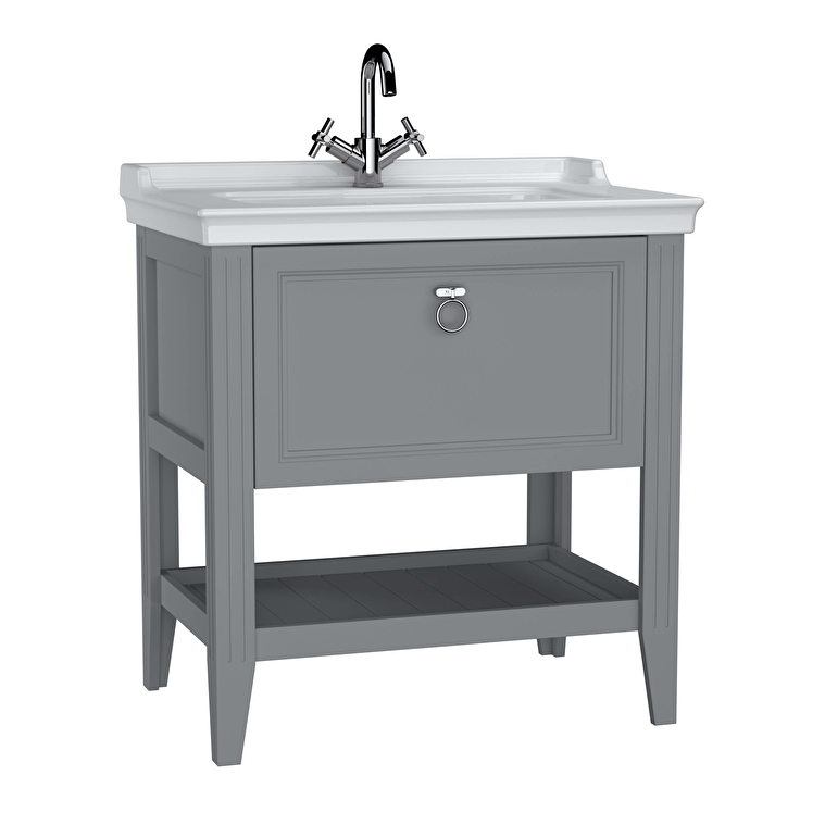 VitrA Valarte Lavabo Dolabı, 80 cm, Bir Çekmeceli, Etajerli Lavabolu, Mat Gri