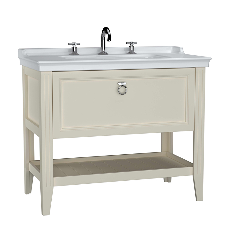 VitrA Valarte Lavabo Dolabı, 100 cm, Bir Çekmeceli, Etajerli Lavabolu, Üç Armatür Delikli, Mat Fildişi - 62194 - Banyo Alt Modülleri