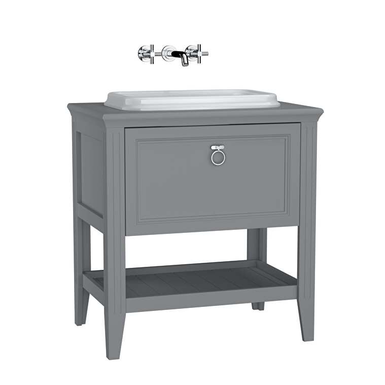 VitrA Valarte Lavabo Dolabı, 80 cm, Bir Çekmeceli, Tezgahüstü Lavabolu, Armatür Deliksiz, Mat Gri