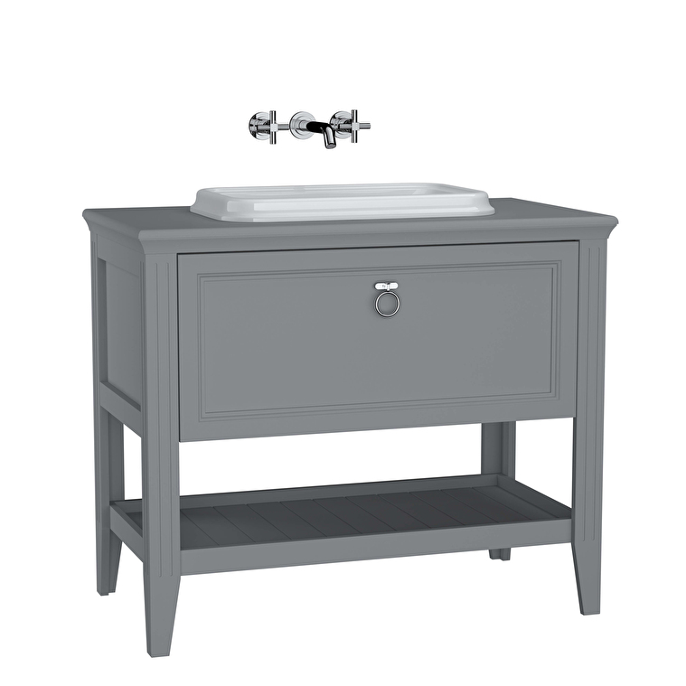 VitrA Valarte Lavabo Dolabı, 100 cm, Bir Çekmeceli, Tezgahüstü Lavabolu, Armatür Deliksiz, Mat Gri