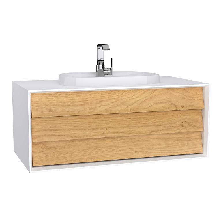 Vitra Banyo Dolabı Fiyatları ve Modelleri | Banyocu.com.tr VitrA Frame Lavabo Dolabı, 100 cm, Bir Çekmeceli, Tezgahüstü Tv-Shape Lavabolu, Armatür Delikli, Mat Soft Beyaz & Dore Meşe - 62289 - Banyo Alt Modülleri