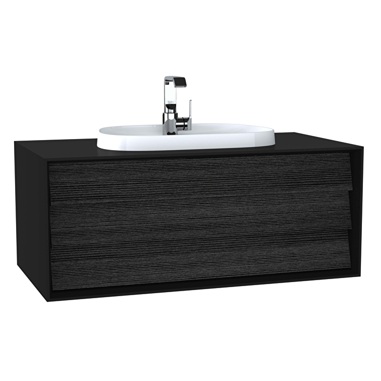 VitrA Frame Lavabo Dolabı, 100 cm, Bir Çekmeceli, Tezgahüstü Tv-Shape Lavabolu, Armatür Delikli, Mat Soft Siyah & Hareli Siyah Meşe - 62290 - Banyo Alt Modülleri