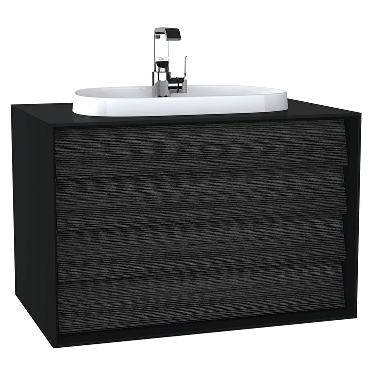 Vitra Banyo Dolabı Fiyatları ve Modelleri | Banyocu.com.tr VitrA Frame Lavabo Dolabı, 80 cm, İki Çekmeceli, Tezgahüstü Tv-Shape Lavabolu, Armatür Delikli, Mat Soft Siyah & Hareli Siyah Meşe - 62296 - Banyo Alt Modülleri