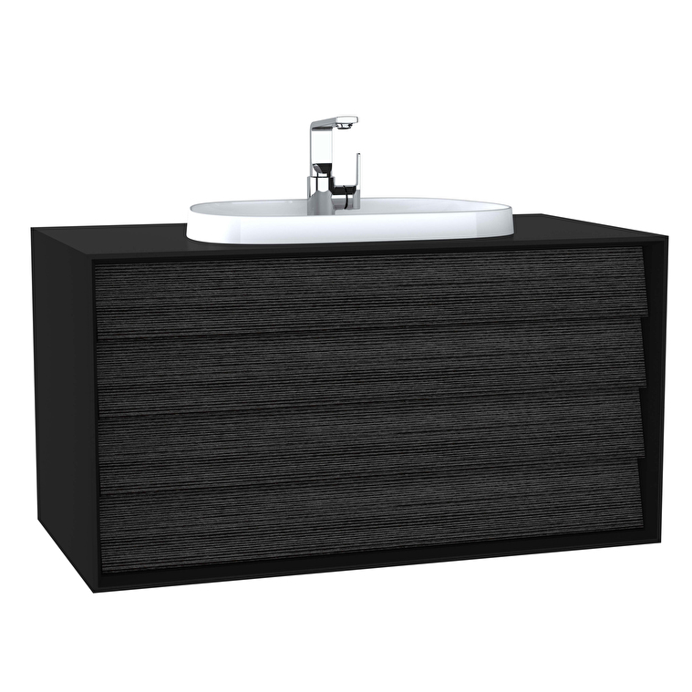 Vitra Banyo Dolabı Fiyatları ve Modelleri | Banyocu.com.tr VitrA Frame Lavabo Dolabı, 100 cm, İki Çekmeceli, Tezgahüstü Tv-Shape Lavabolu, Armatür Delikli, Mat Soft Siyah & Hareli Siyah Meşe - 62299 - Banyo Alt Modülleri