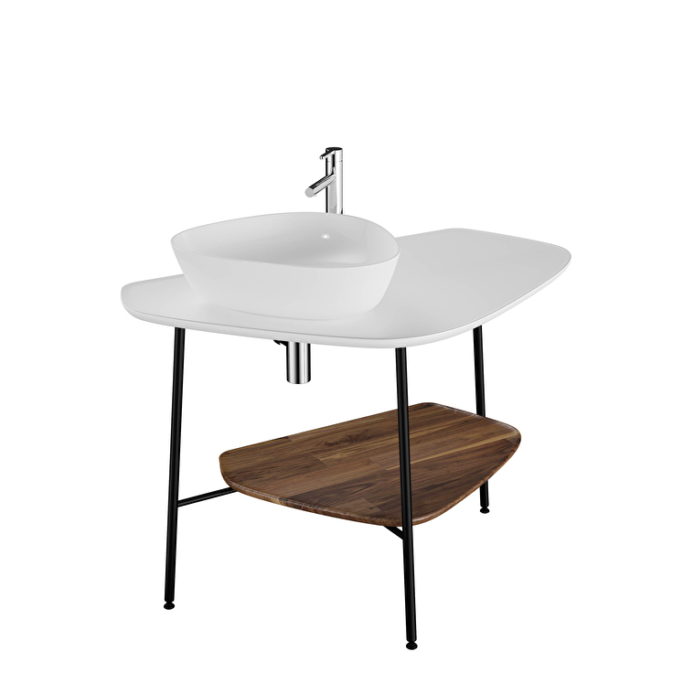 VitrA Plural Tezgah Ünitesi, 100 cm, Raflı, Sol Armatür Delikli, Mat Beyaz Seramik Tezgah, Koyu Meşe, Lavabosuz