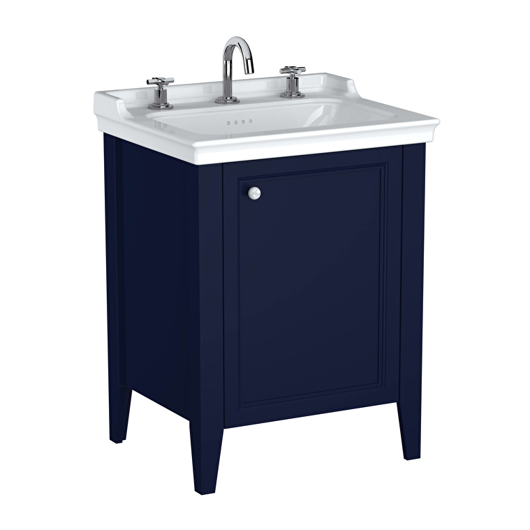 VitrA Valarte Neo Lavabo Dolabı, 65 cm, Bir Kapaklı, Etajerli Lavabolu, Üç Armatür Delikli, Çelik Mavisi, Sağ - 65769 - Banyo Alt Modülleri