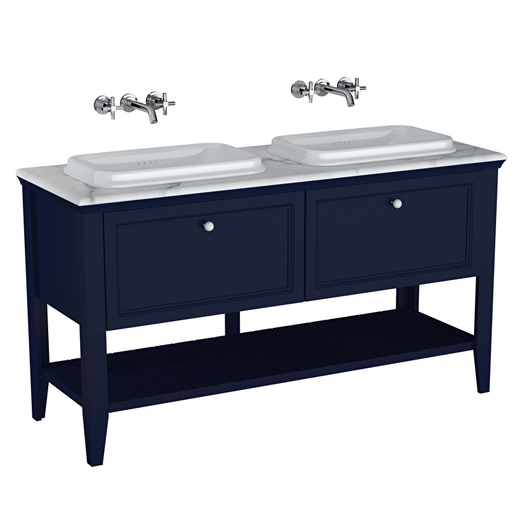 VitrA Valarte Neo Lavabo Dolabı, 150 cm, İki Çekmeceli, Tezgahüstü Lavabolu, Mermer Tezgahlı, Çelik Mavisi - 65786 - Banyo Alt Modülleri