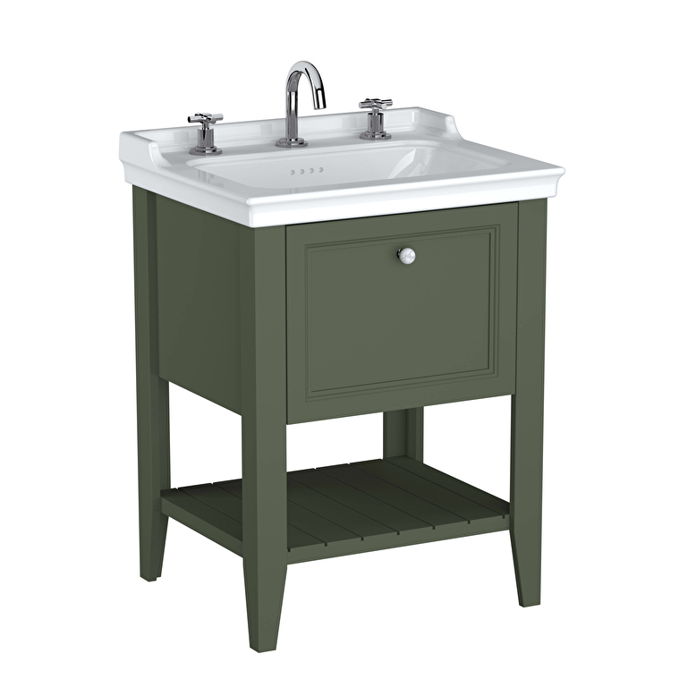 VitrA Valarte Neo Lavabo Dolabı, 65 cm, Bir Çekmeceli, Etajerli Lavabolu, Üç Armatür Delikli, Retro Yeşil - 65817 - Banyo Alt Modülleri