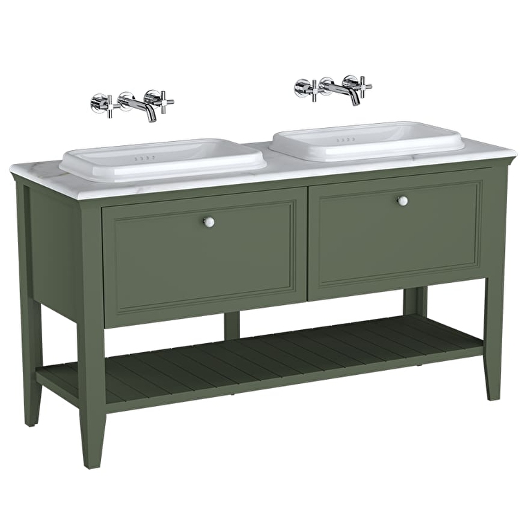 VitrA Valarte Neo Lavabo Dolabı, 150 cm, İki Çekmeceli, Tezgahüstü Lavabolu, Mermer Tezgahlı, Retro Yeşil - 65825 - Banyo Alt Modülleri