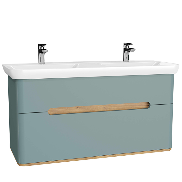VitrA Sento Lavabo Dolabı, 130 cm, İki Çekmeceli, Çift Hazneli Lavabolu, Aydınlatmalı, Mat Fiyord Yeşili