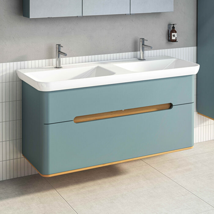 65879_cf8494f114127b60280fa69ba480343652d2ffcd-2.jpg VitrA Sento Lavabo Dolabı, 130 cm, İki Çekmeceli, Çift Hazneli Lavabolu, Aydınlatmalı, Mat Fiyord Yeşili - 65879 - Banyo Alt Modülleri - 5