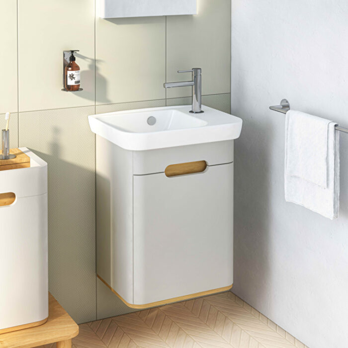 VitrA Sento Lavabo Dolabı, 50 cm, Bir Kapaklı, Dar, Aydınlatmalı, Mat Açık Gri, Sol - Görsel 3