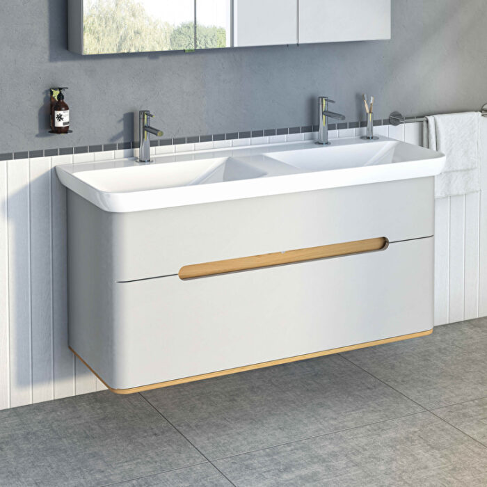 VitrA Sento Lavabo Dolabı, 130 cm, İki Çekmeceli, Çift Hazneli Lavabolu, Aydınlatmalı, Mat Açık Gri - Görsel 3