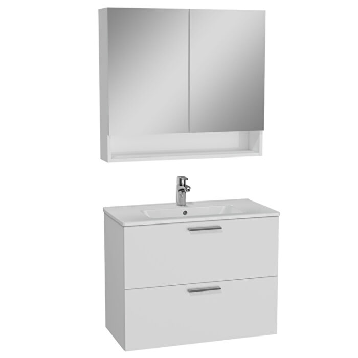 VitrA Mia Banyo Dolabı Seti, 80 cm, İki Çekmeceli, Lavabo Dolabı, Raflı Dolaplı Ayna, Parlak Beyaz - Görsel 2