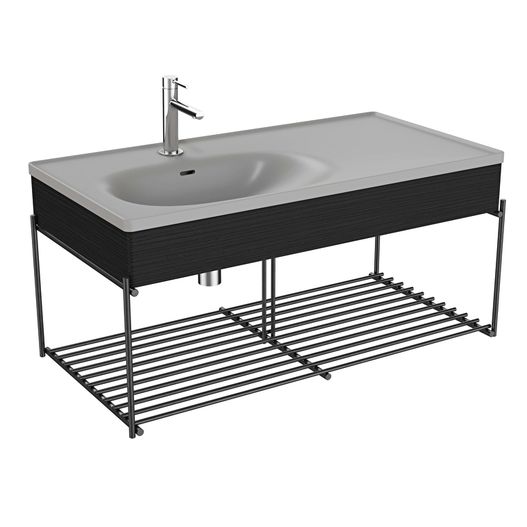 Vitra Banyo Dolabı Fiyatları ve Modelleri | Banyocu.com.tr VitrA Equal Lavabo Ünitesi, 100 cm, Raflı, Asimetrik Gri Lavabolu, Hareli Siyah Meşe - 66060 - Fonksiyonel ve Tamamlayıcı Ürünler