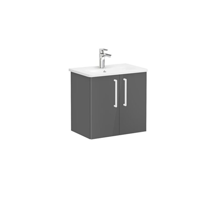VitrA Root Flat Lavabo Dolabı, 60 cm, İki Kapaklı, Dar, Yuvarlak Lavabo, Parlak Antrasit - 66365 - Banyo Alt Modülleri - 2